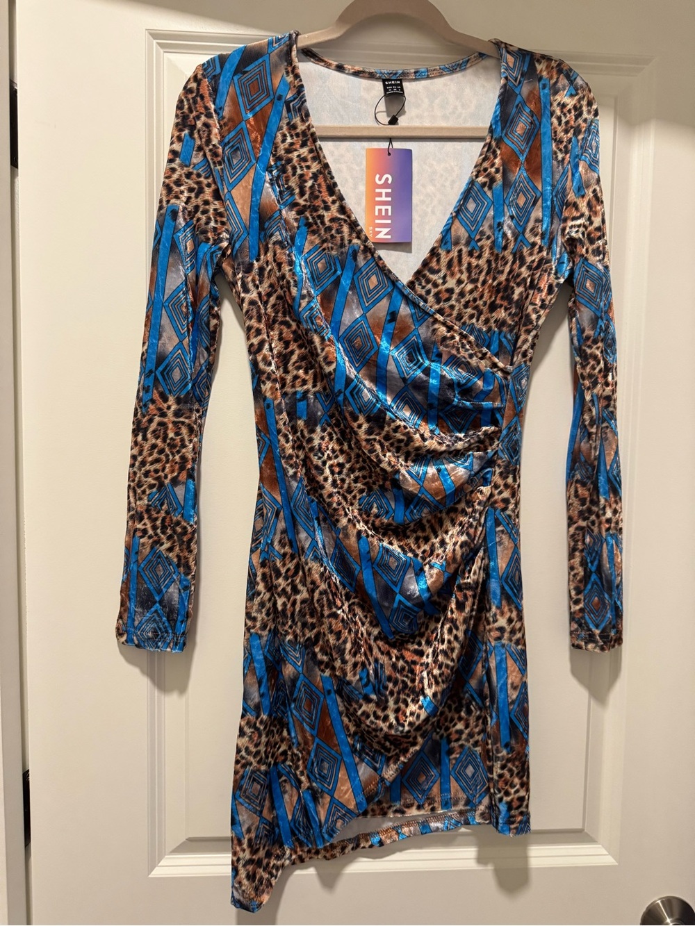 NWT SHEIN Blue and Brown Leopard Print Wrap-Style Long Sleeve Dress M